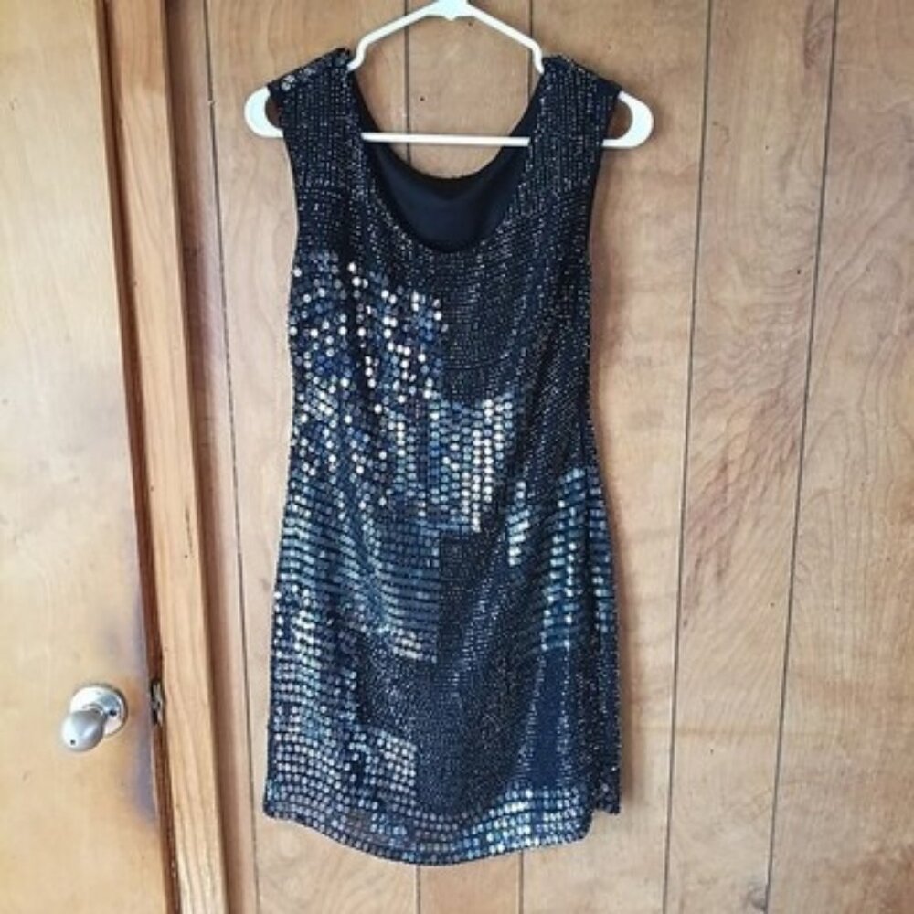 Black Beaded Sequin Disc Mini Dress Y2K Club Festival Chainmail Style Small